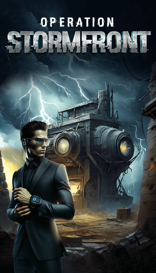 Operation Stormfront escape room banner for Escape Rooms Unlocked in North Port, FL, featuring a rogue weather machine mystery.